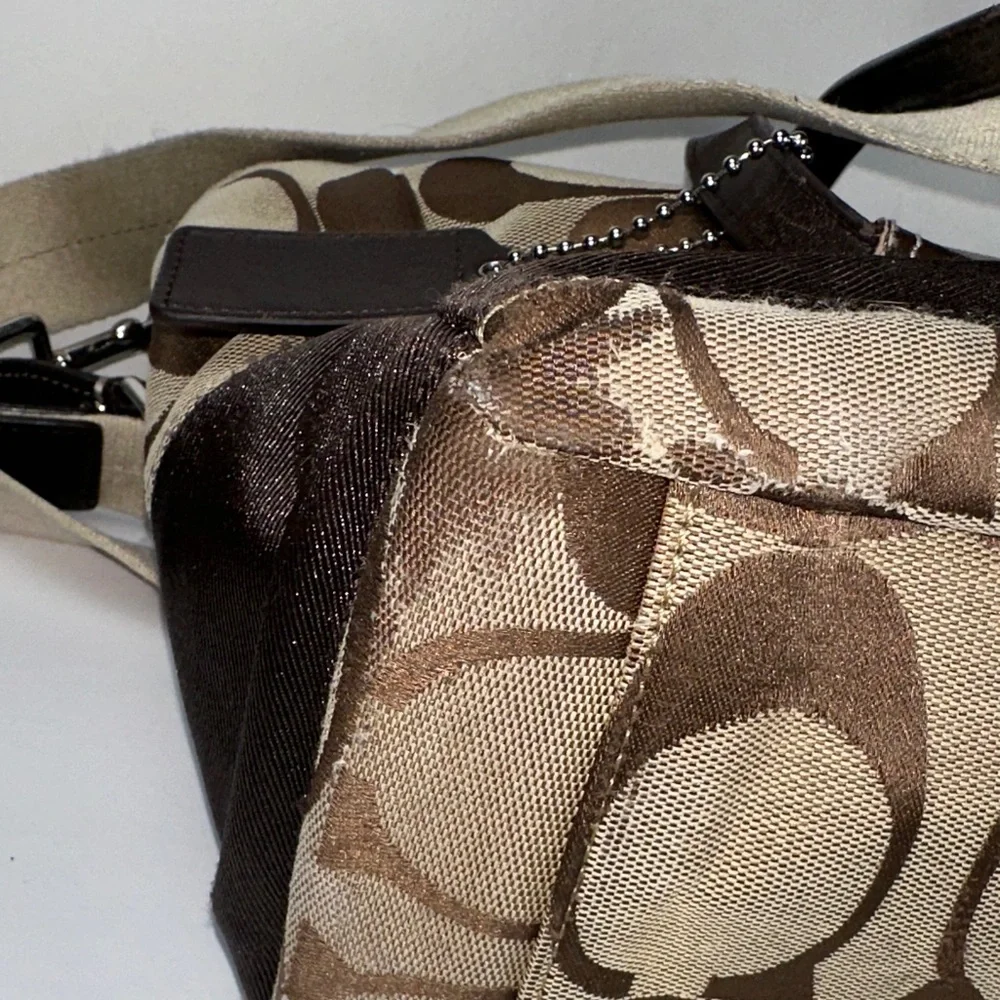 Coach Signature Stripe Diaper Bag Canvas Leather Tote Brown Khaki Baby Bag
